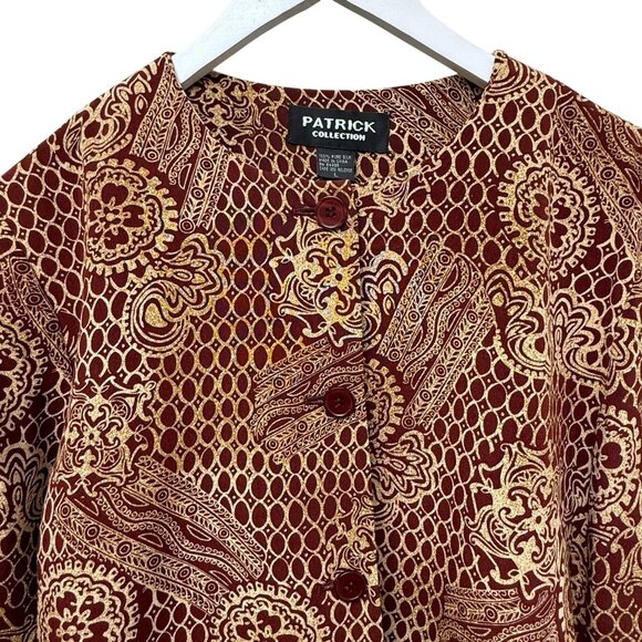 Patrick Collection 100% Silk Jacket Large Brick Red Print Duster Button Front - Picture 2 of 8